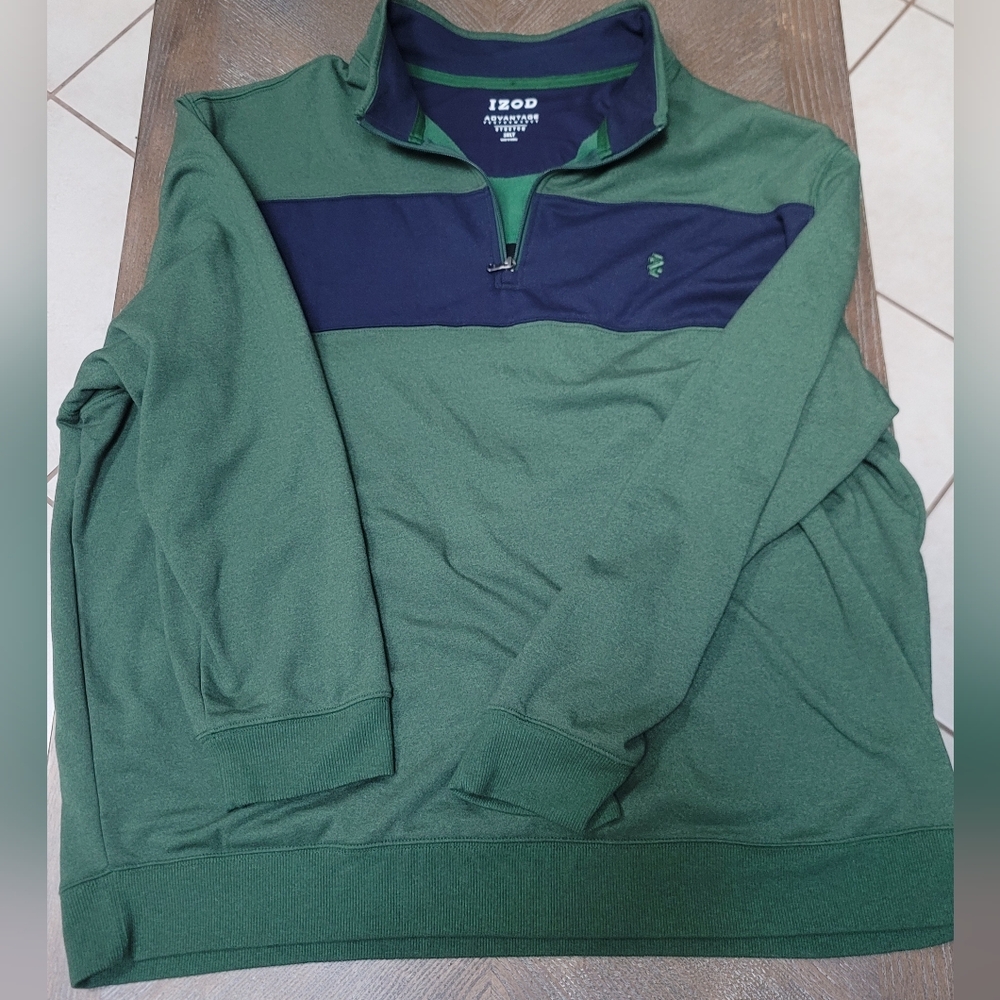 IZOD Men's Advantage Performance Quarter-Zip Fleece Pullover in a green and navy